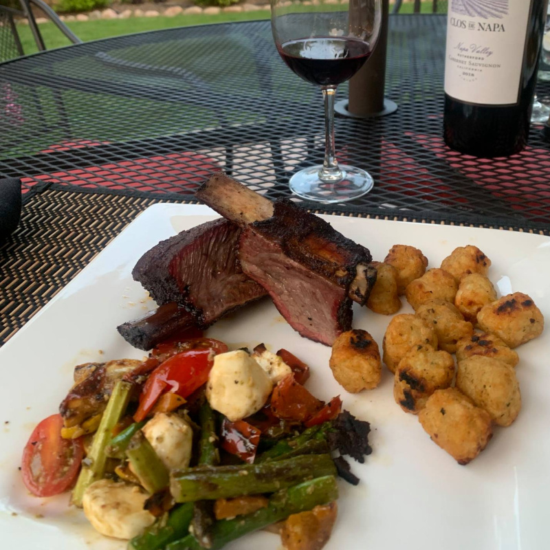 “SBS Cabernet Short Ribs” with a Cold Grilled Pesto Salad, and Smoked Garlic Parmesan Tater Tots